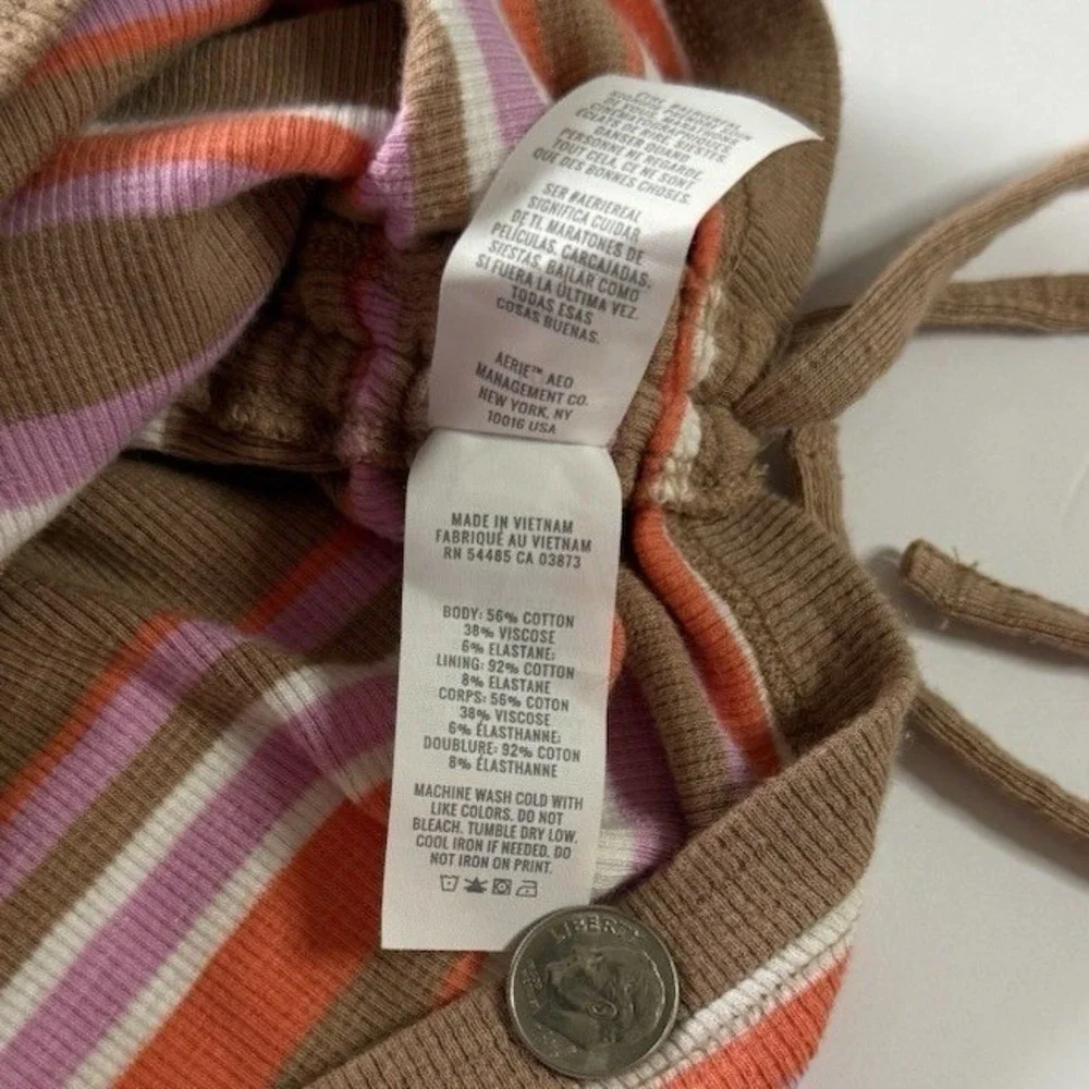 Aerie Women's Striped Crop Top Size L Pink Brown Sleeveless Tie Side Casual